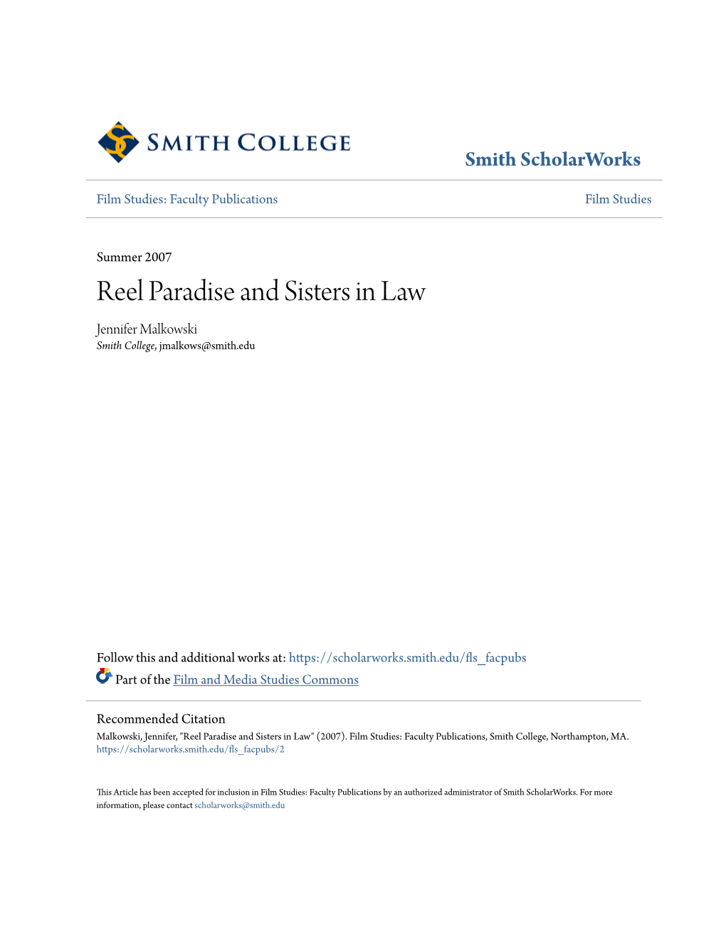 Reel Paradise and Sisters in Law Jennifer Malkowski Smith College, Jmalkows@Smith.Edu