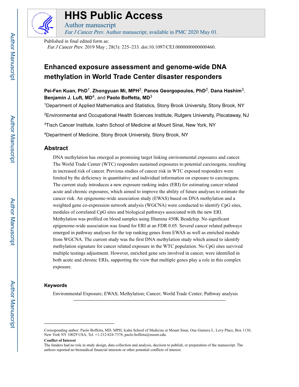 Enhanced Exposure Assessment and Genome-Wide DNA Methylation in World Trade Center Disaster Responders