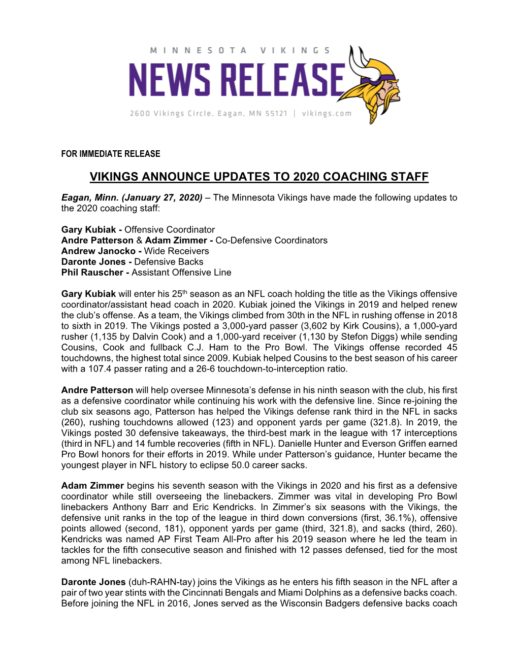 Vikings Announce Updates to 2020 Coaching Staff