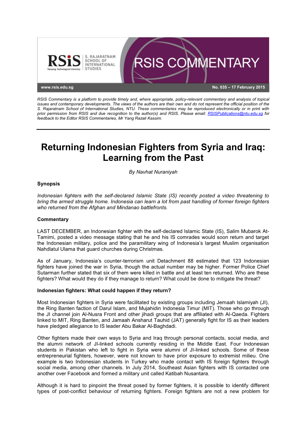 Returning Indonesian Fighters from Syria and Iraq: Learning from the Past