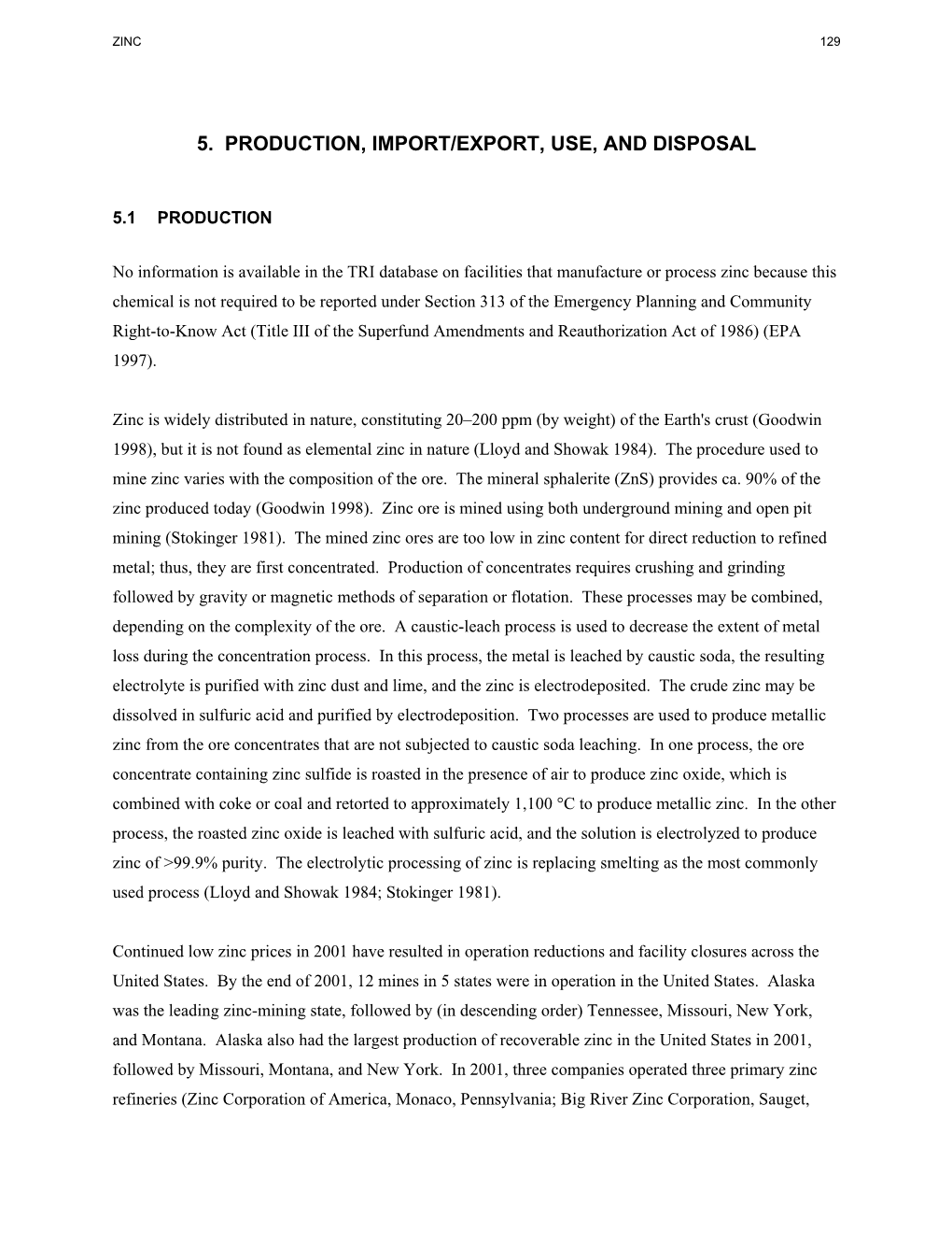 Toxicological Profile for Zinc