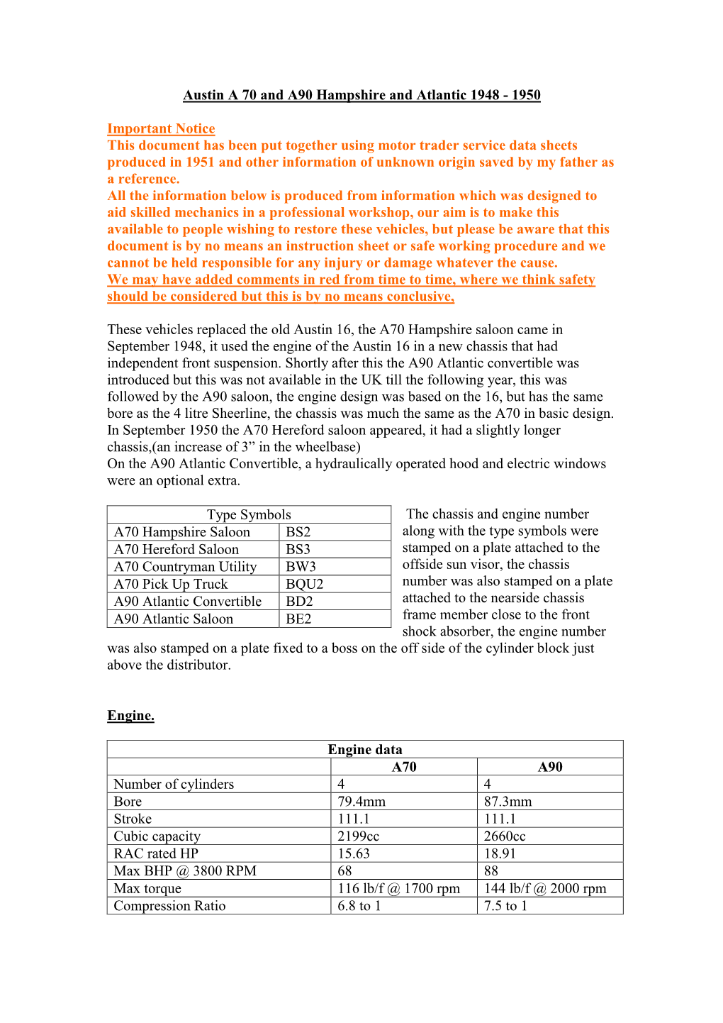 Austin A70 and A90 Hampshire and Atlantic 1948 to 1950, Service Info