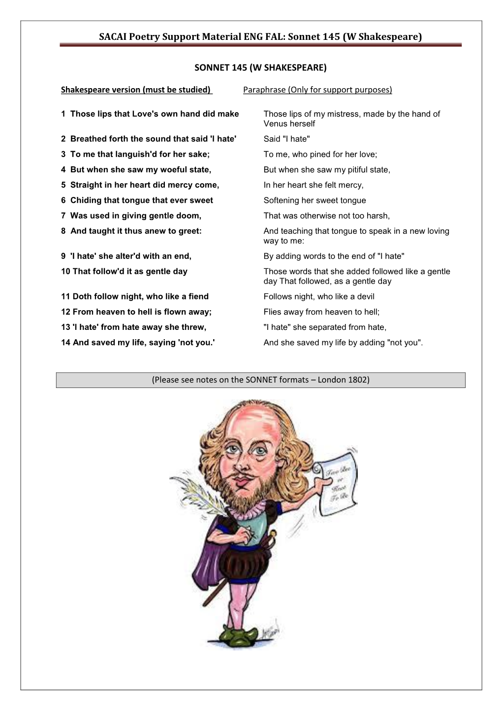 SACAI Poetry Support Material ENG FAL: Sonnet 145 (W Shakespeare)