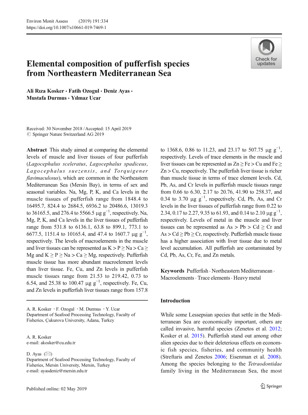 Elemental Composition of Pufferfish Species from Northeastern Mediterranean Sea