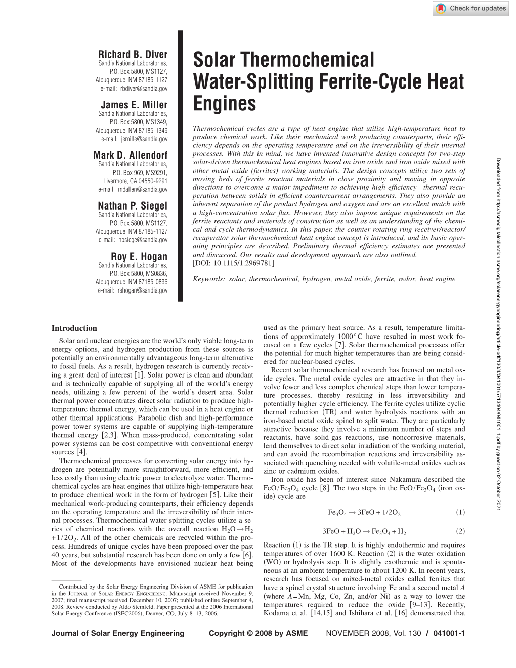 Solar Thermochemical Water-Splitting Ferrite-Cycle Heat Engines