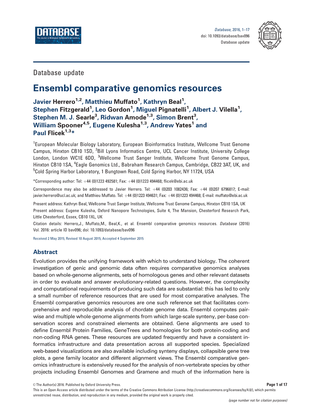 Ensembl Comparative Genomics Resources Javier Herrero1,2, Matthieu Muffato1, Kathryn Beal1, Stephen Fitzgerald1, Leo Gordon1, Miguel Pignatelli1, Albert J