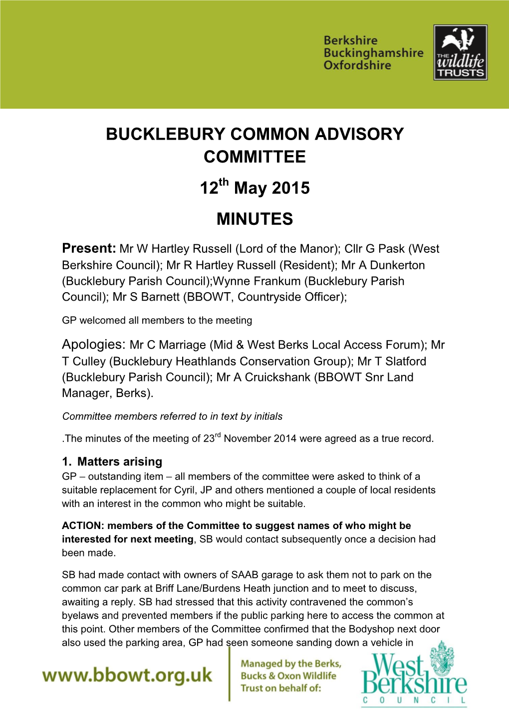 BUCKLEBURY COMMON ADVISORY COMMITTEE 12 May 2015 MINUTES