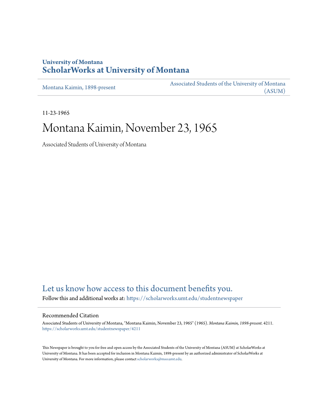 Montana Kaimin, November 23, 1965 Associated Students of University of Montana
