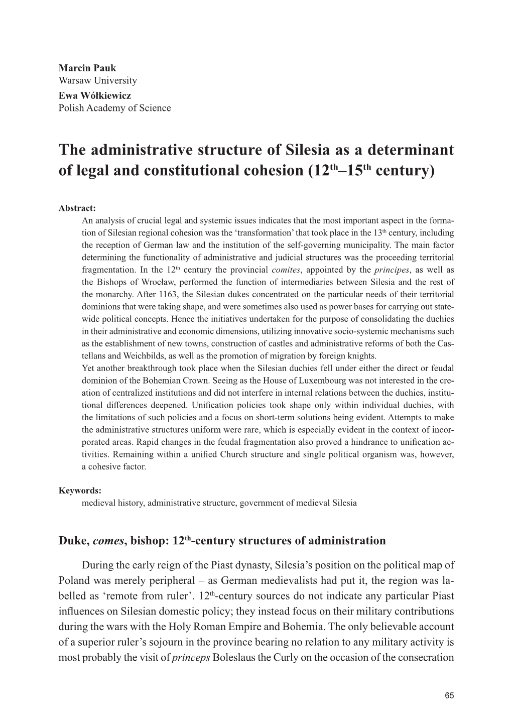 The Administrative Structure of Silesia As a Determinant of Legal and Constitutional Cohesion (12Th–15Th Century)