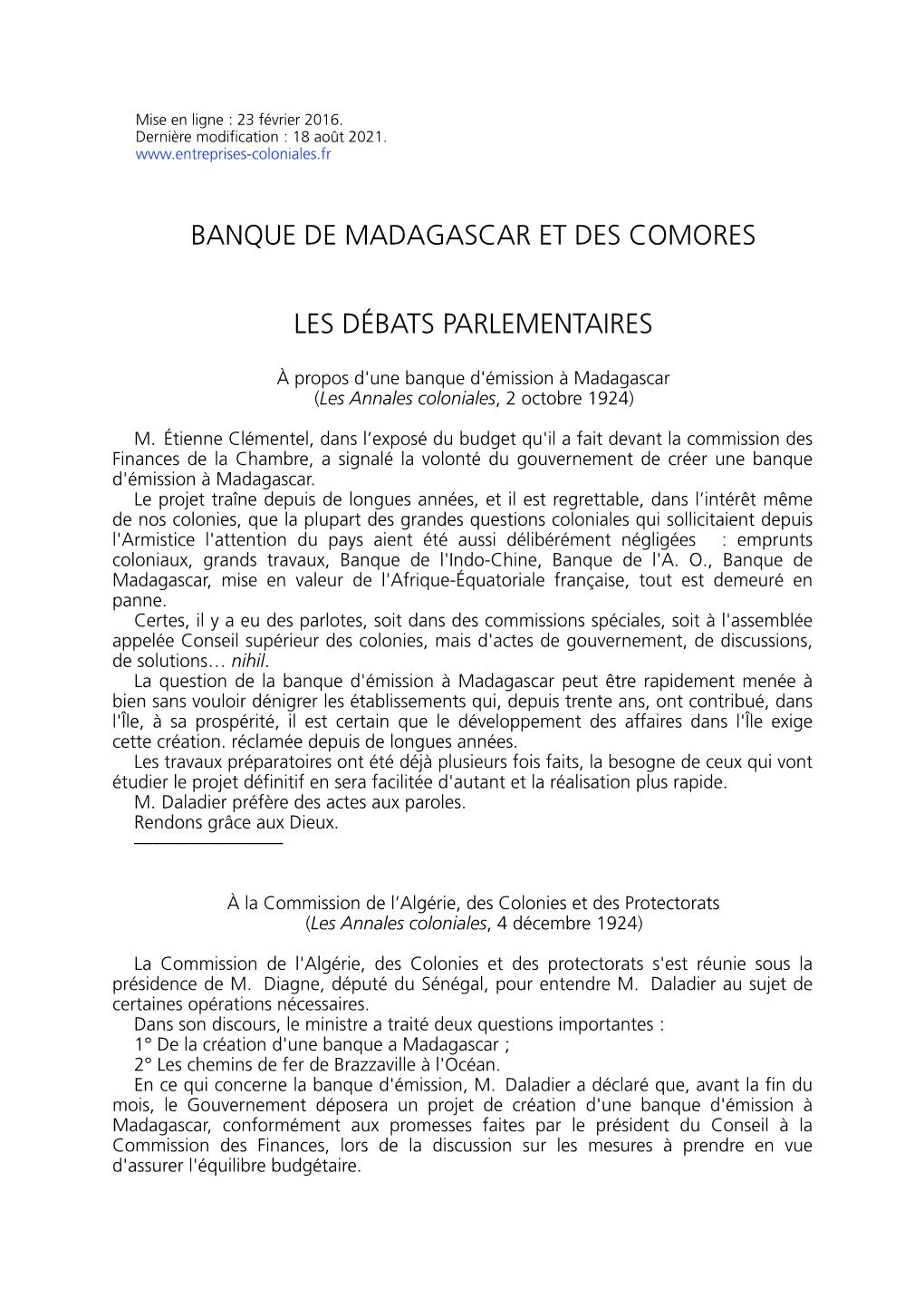 Banque De Madagascar Et Des Comores Les Débats Parlementaires