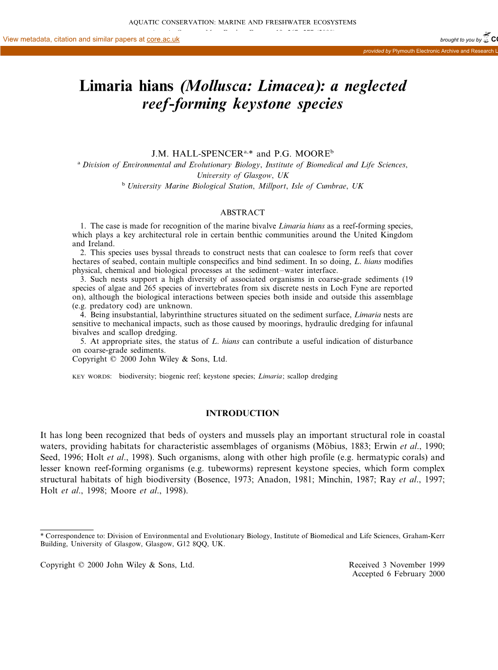 Limaria Hians (Mollusca: Limacea): a Neglected Reef-Forming Keystone Species