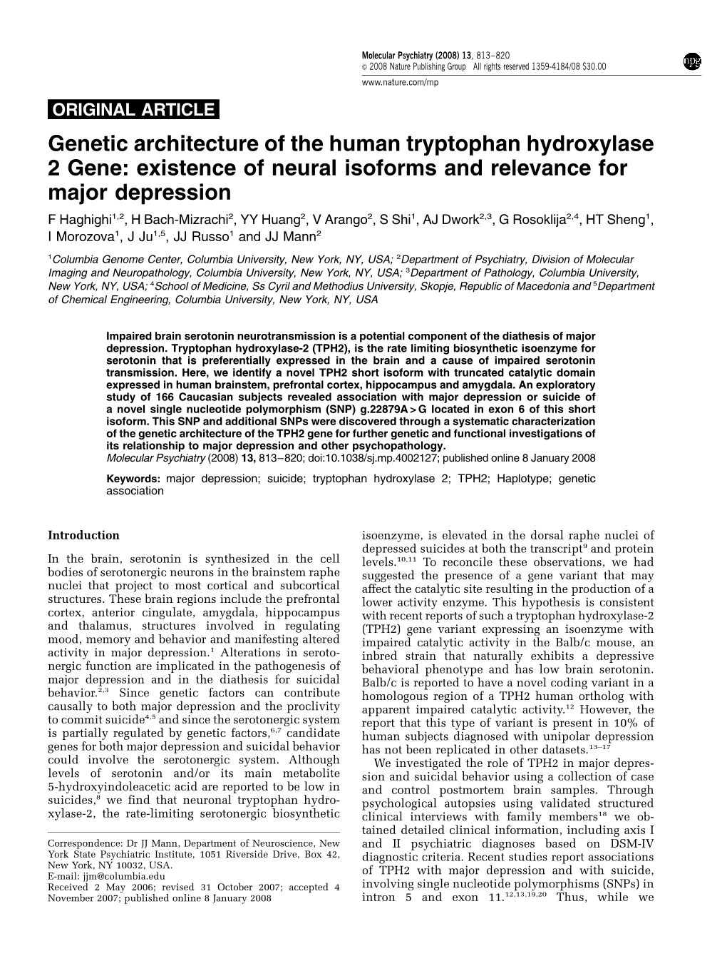 Genetic Architecture of the Human Tryptophan Hydroxylase 2