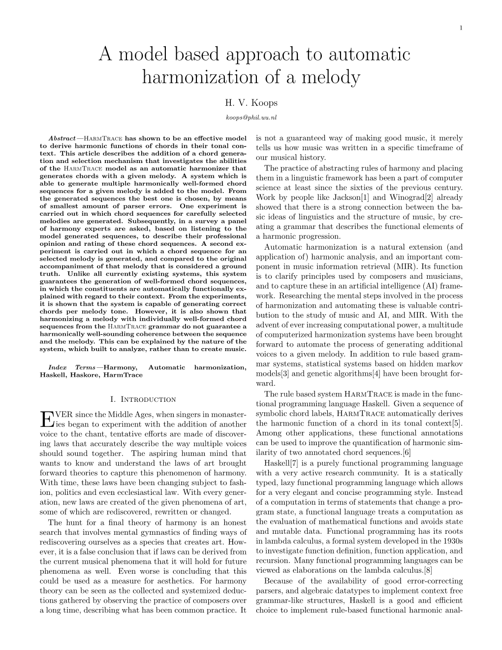 A Model Based Approach to Automatic Harmonization of a Melody