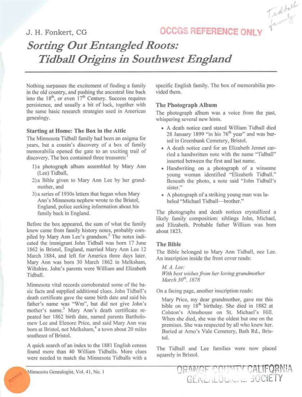 Tidball Origins in Southwest England