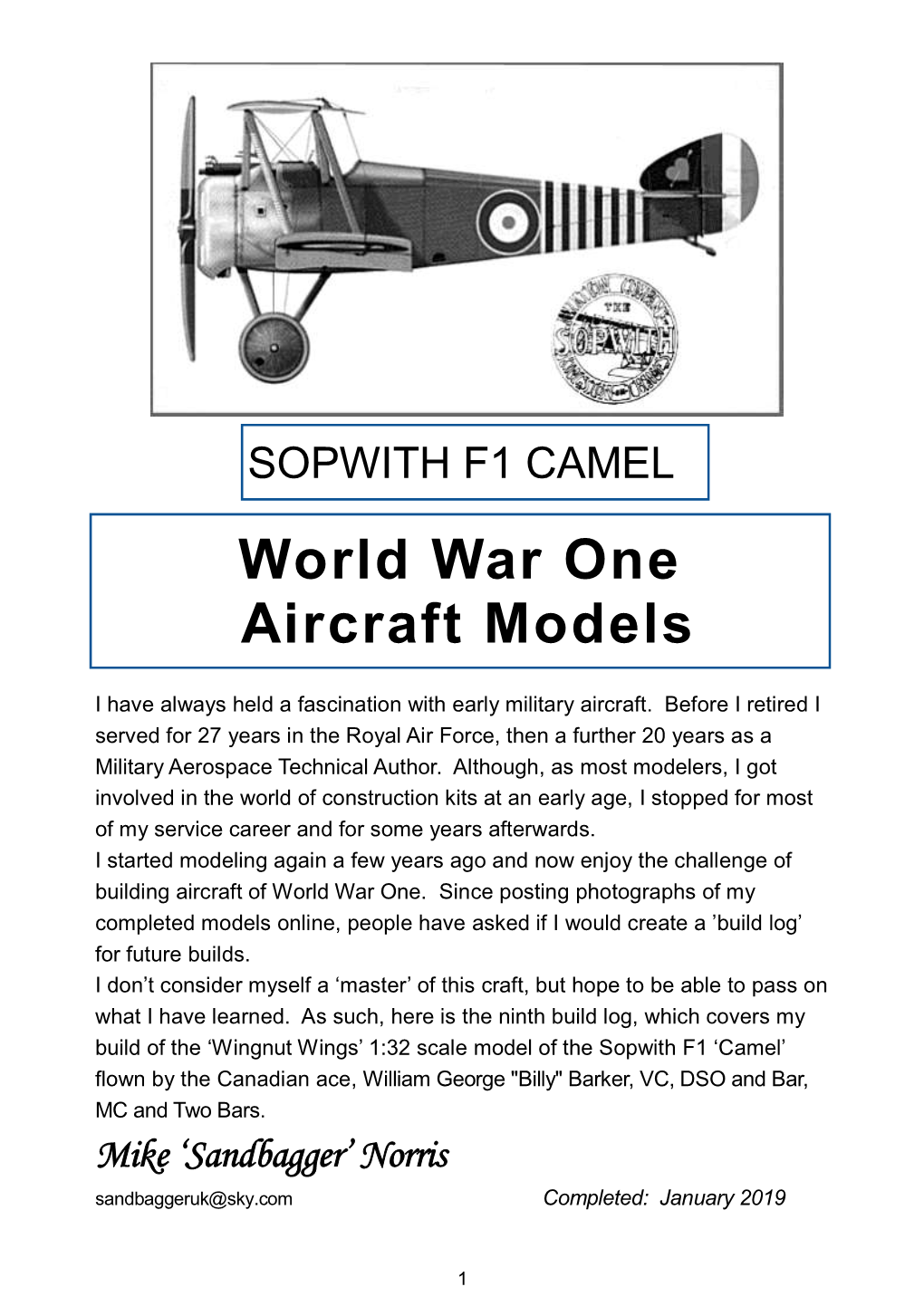 SOPWITH F1 CAMEL World War One Aircraft Models
