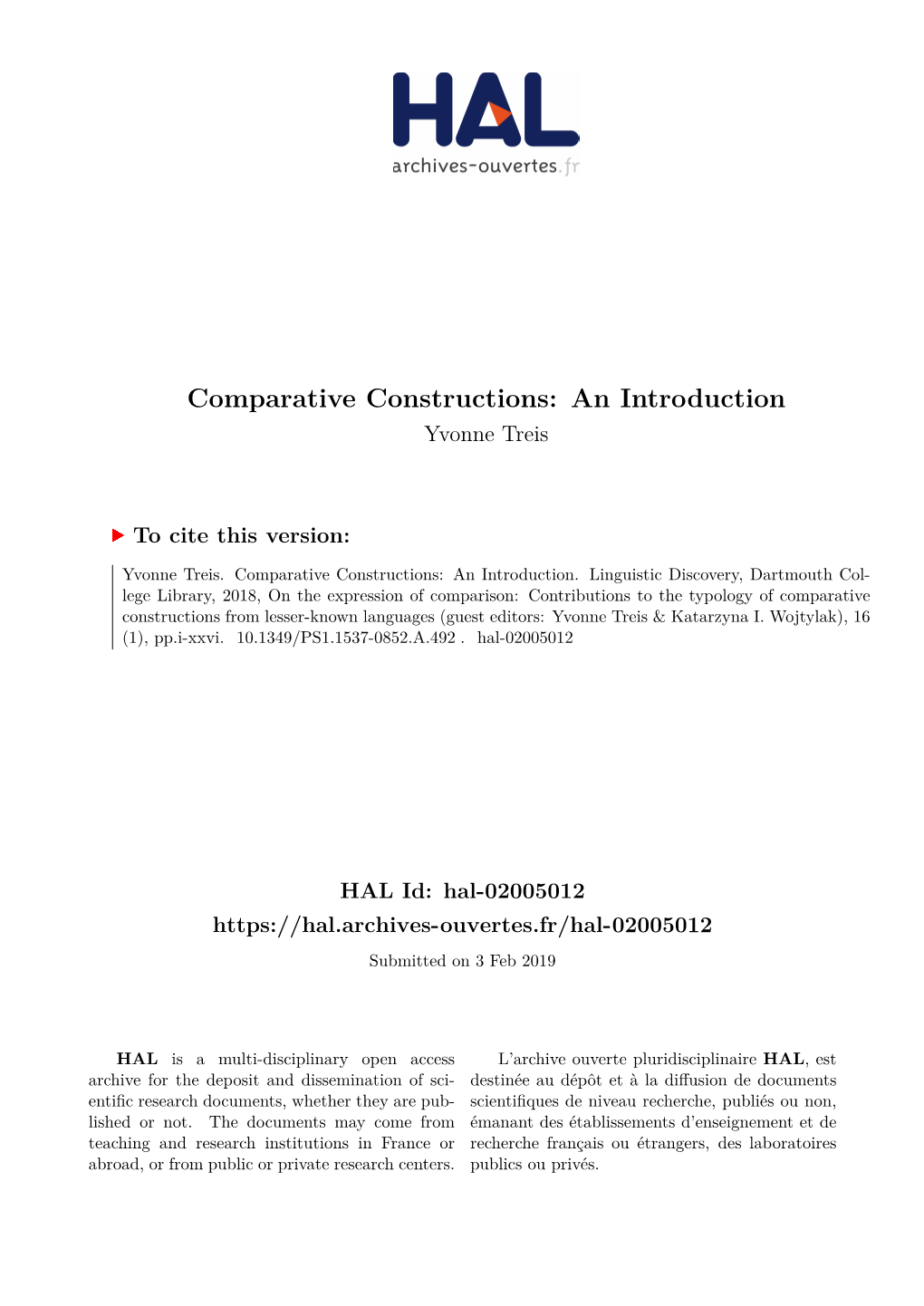 Comparative Constructions: an Introduction Yvonne Treis