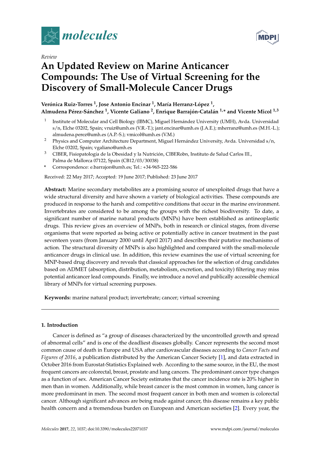 An Updated Review on Marine Anticancer Compounds: the Use of Virtual Screening for the Discovery of Small-Molecule Cancer Drugs
