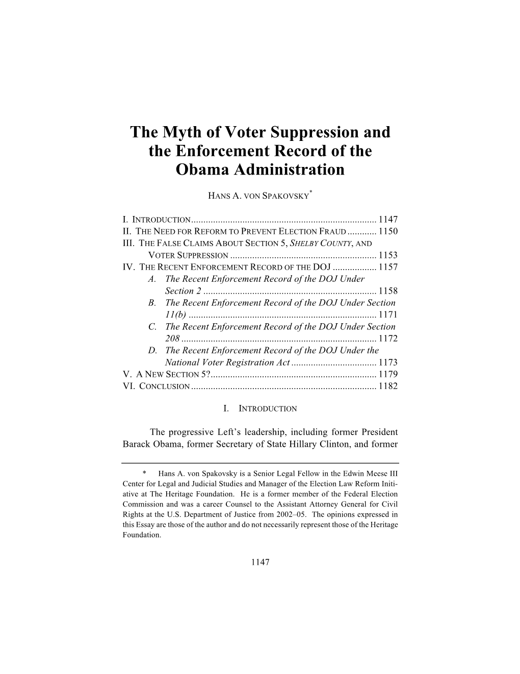 The Myth of Voter Suppression and the Enforcement Record of the Obama Administration