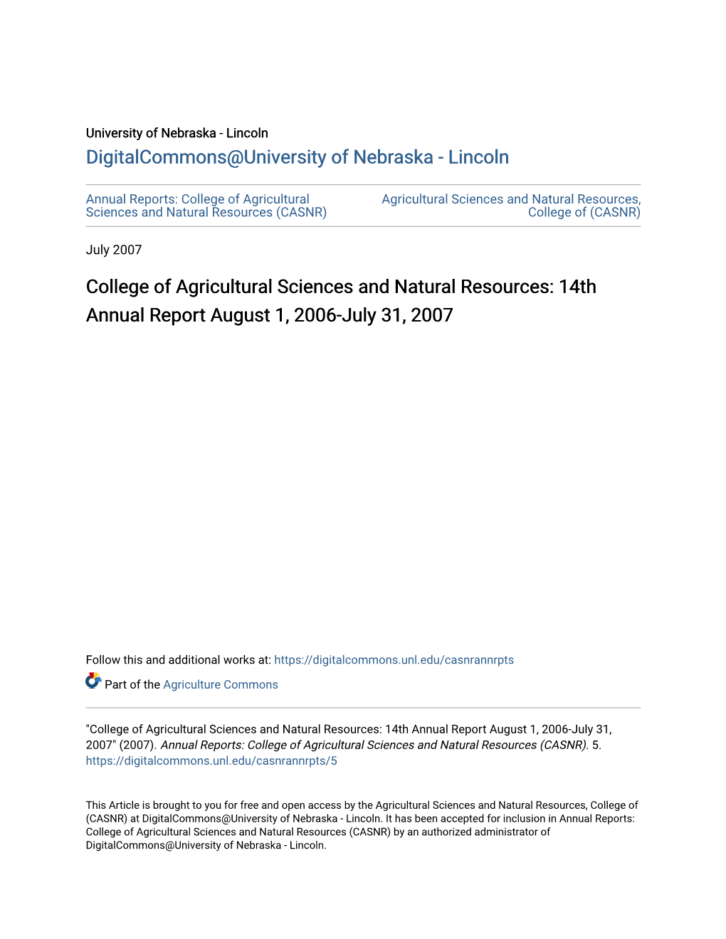 College of Agricultural Sciences and Natural Resources: 14Th Annual Report August 1, 2006-July 31, 2007