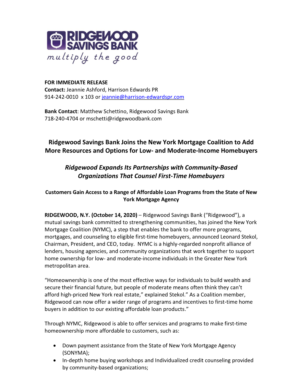 Ridgewood Savings Bank Joins the New York Mortgage Coalition to Add More Resources and Options for Low- and Moderate-Income Homebuyers