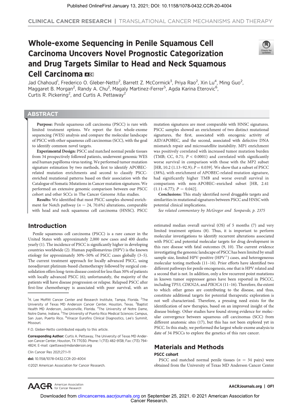 Whole-Exome Sequencing in Penile Squamous Cell Carcinoma