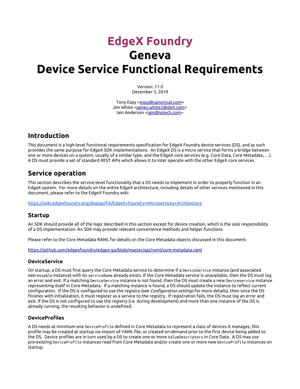 Edgex Foundry Geneva Device Service Functional Requirements