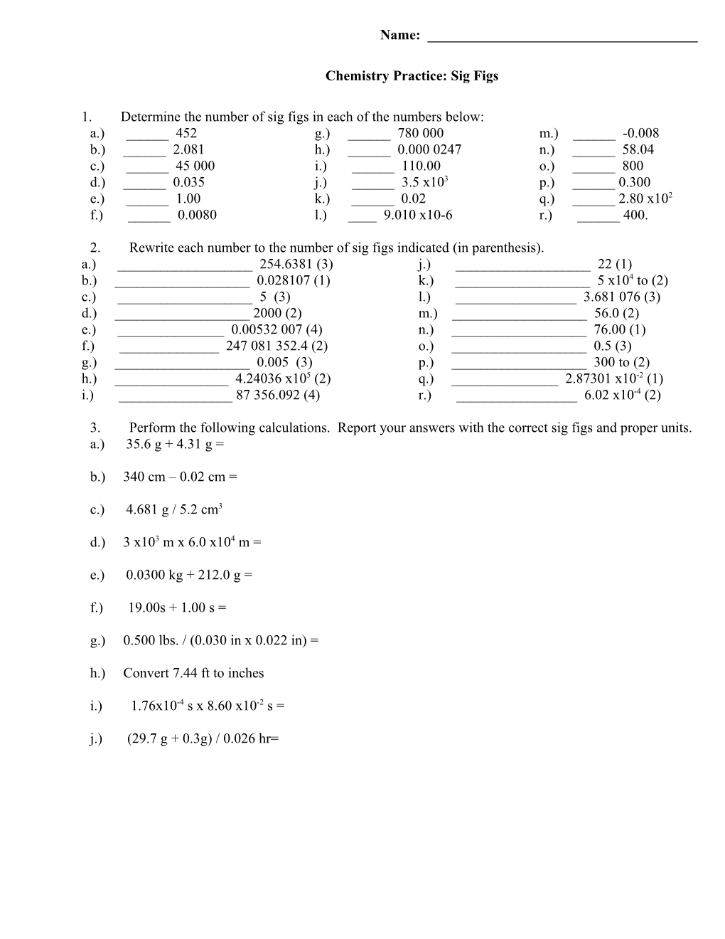 Chemistry Practice: Sig Figs