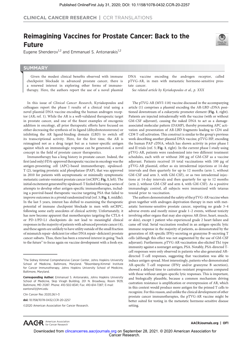 Reimagining Vaccines for Prostate Cancer: Back to the Future Eugene Shenderov1,2 and Emmanuel S