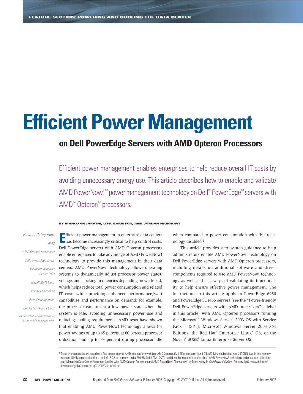 Efficient Power Management on Dell Poweredge Servers with AMD Opteron Processors