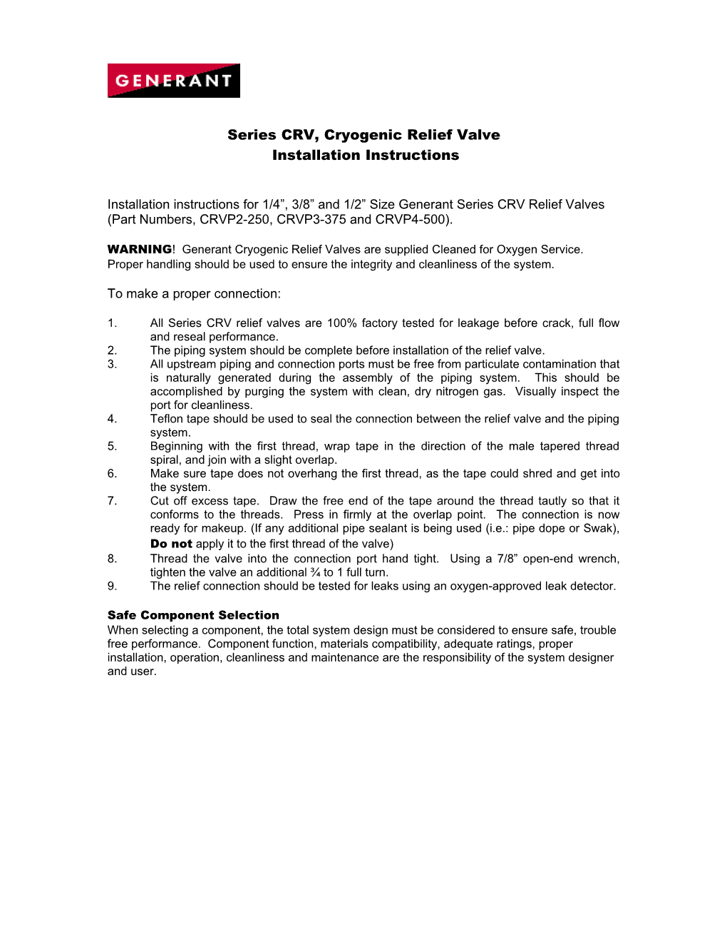 Installation Procedure for CRV Valves