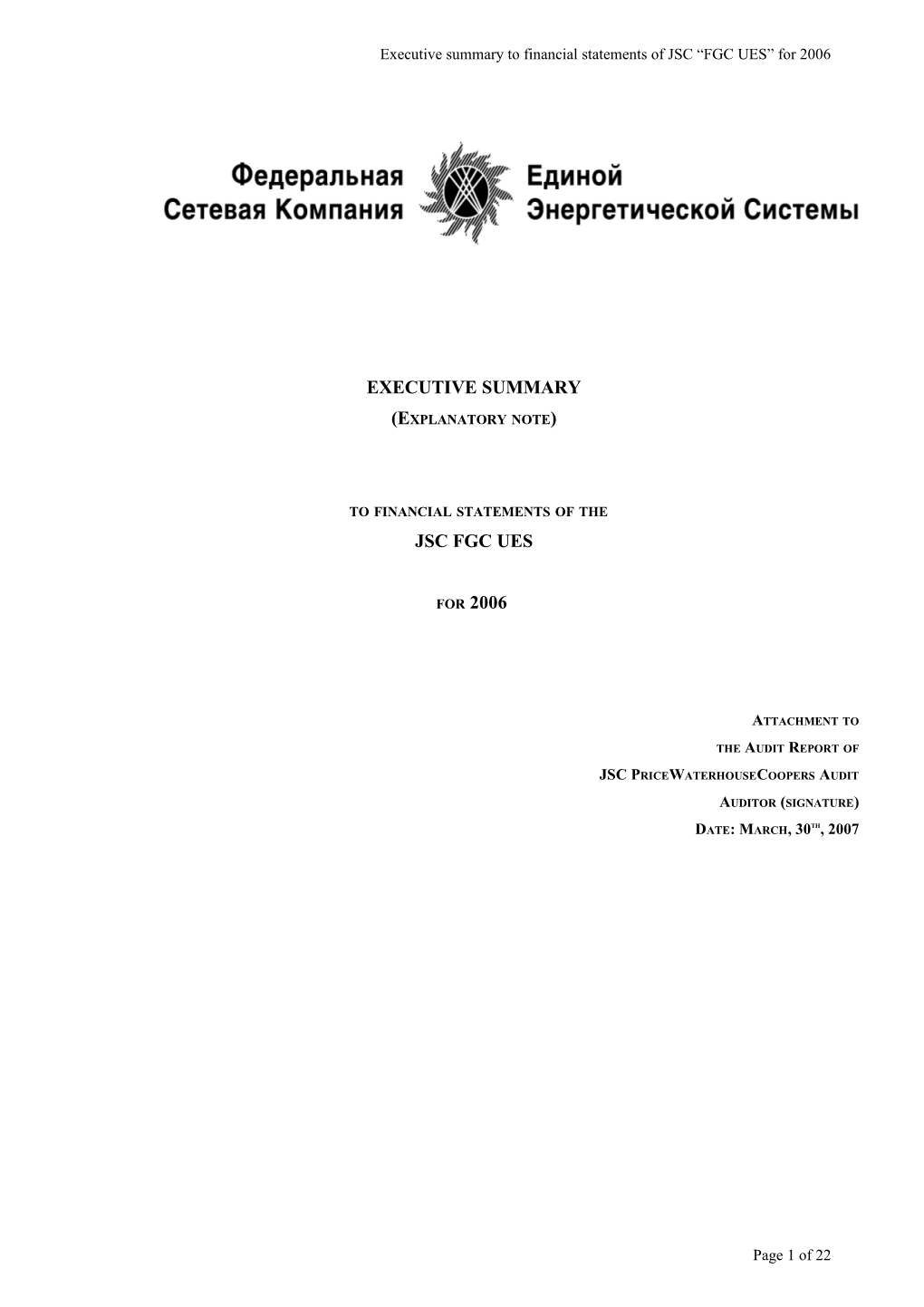 Executive Summary to Financial Statements of JSC FGC UES for 2006