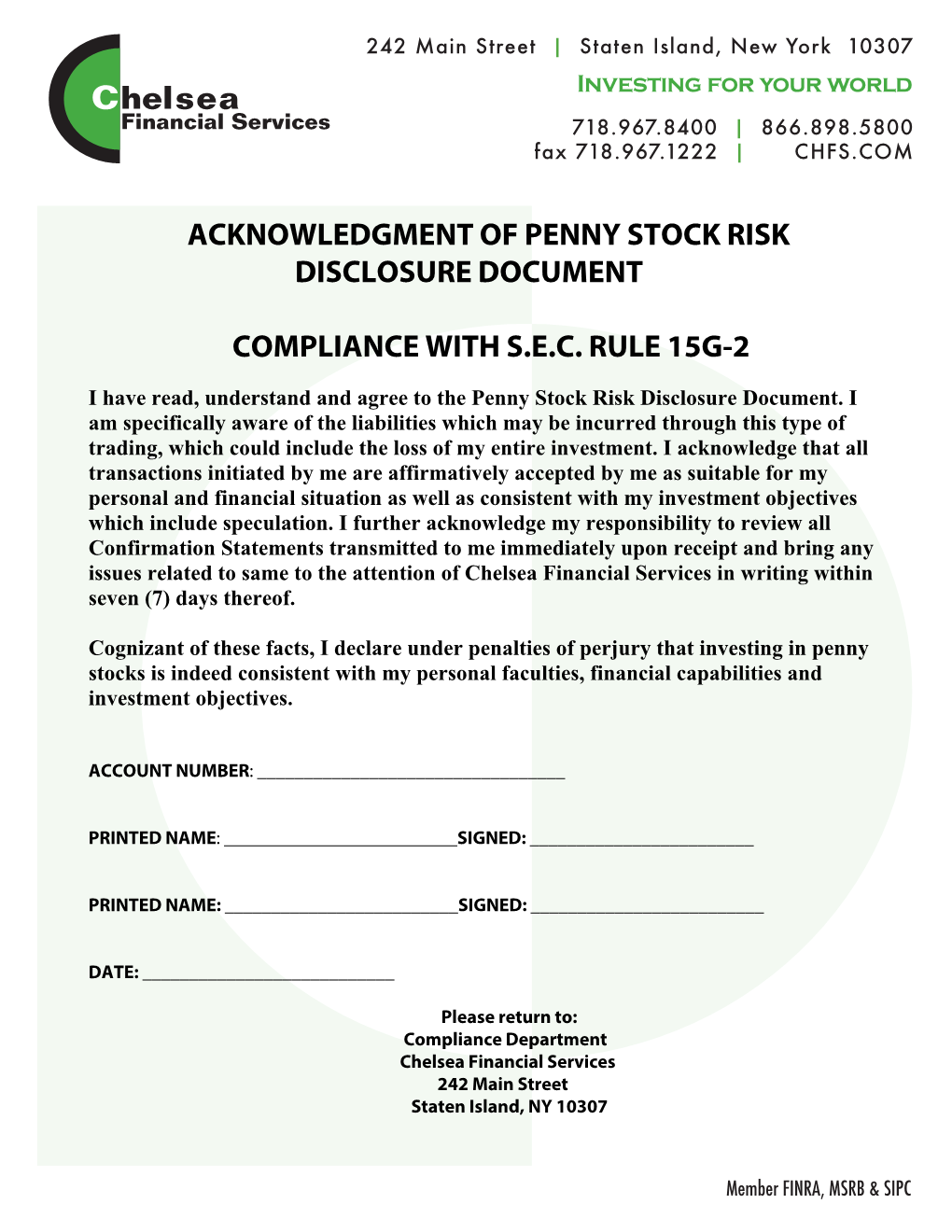 Penny Stock Risk Disclosure Document