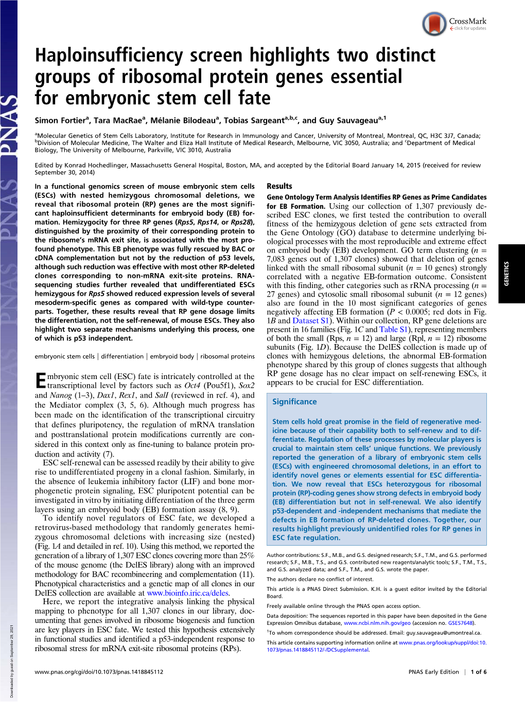 Haploinsufficiency Screen Highlights Two Distinct Groups of Ribosomal Protein Genes Essential for Embryonic Stem Cell Fate