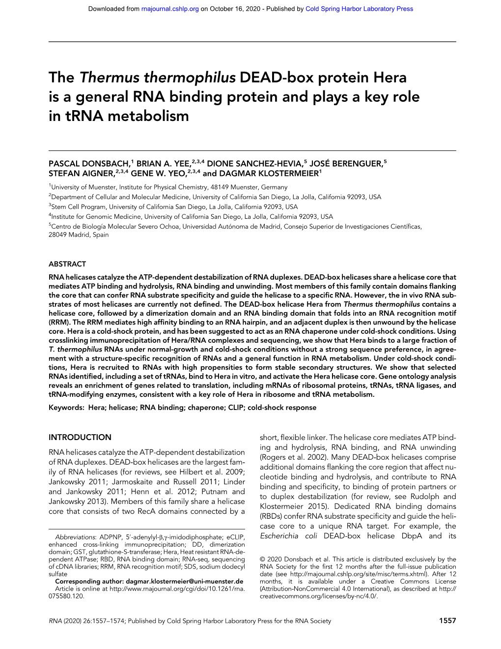 The Thermus Thermophilus DEAD-Box Protein Hera Is a General RNA Binding Protein and Plays a Key Role in Trna Metabolism