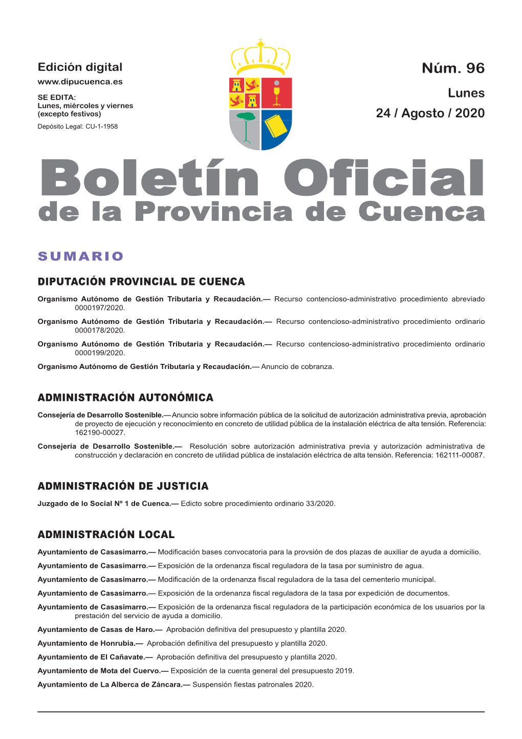 Boletín Oficial De La Provincia De Cuenca Sumario Diputación Provincial De Cuenca