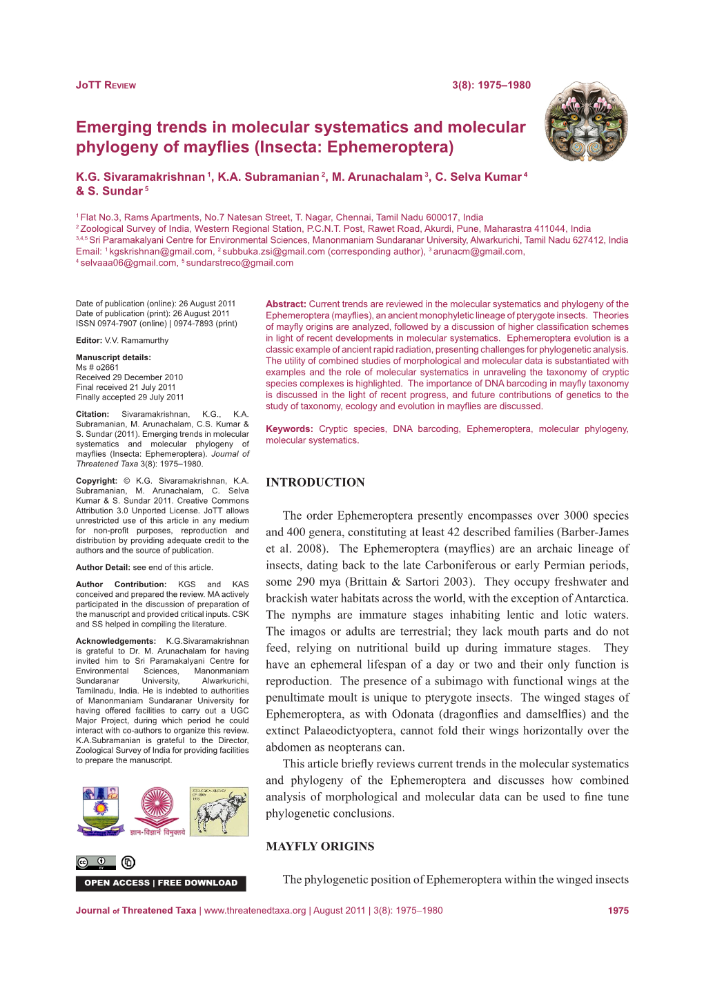 Emerging Trends in Molecular Systematics and Molecular Phylogeny of Mayflies (Insecta: Ephemeroptera)