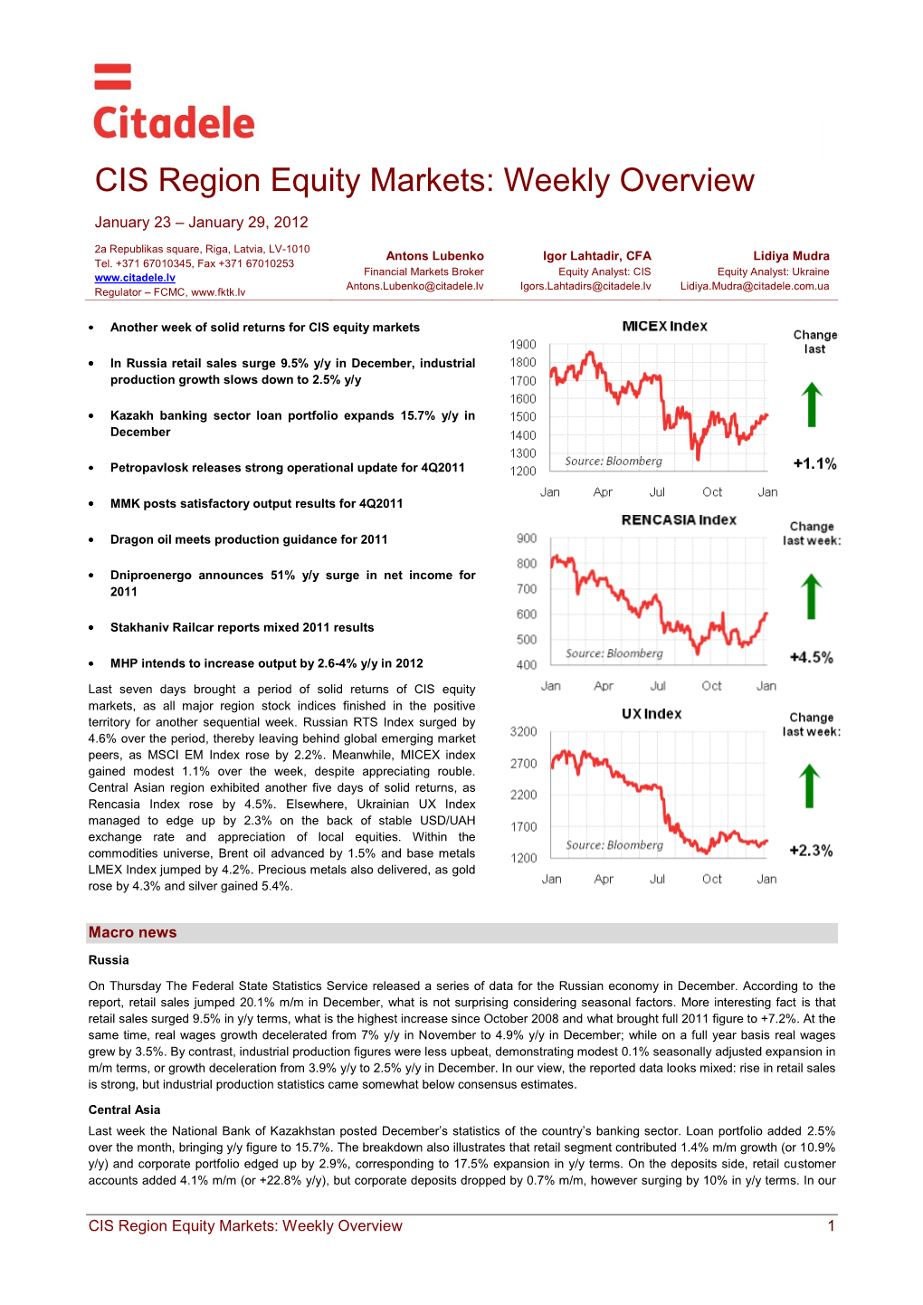 CIS Region Equity Markets: Weekly Overview