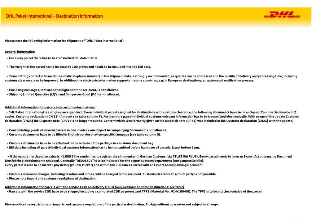 DHL Paket International - Destination Information General Information