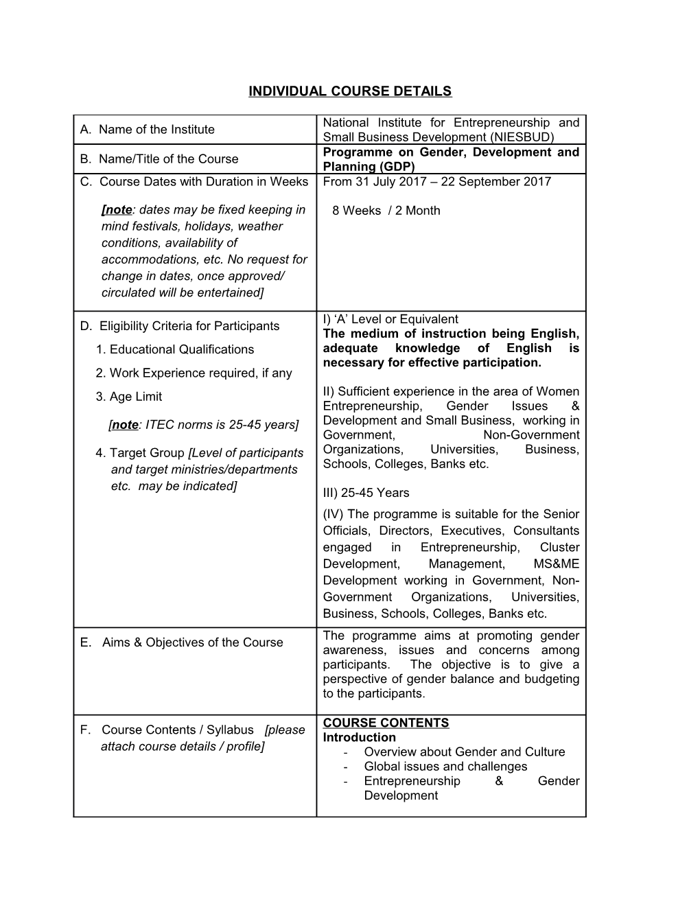 Individual Course Details