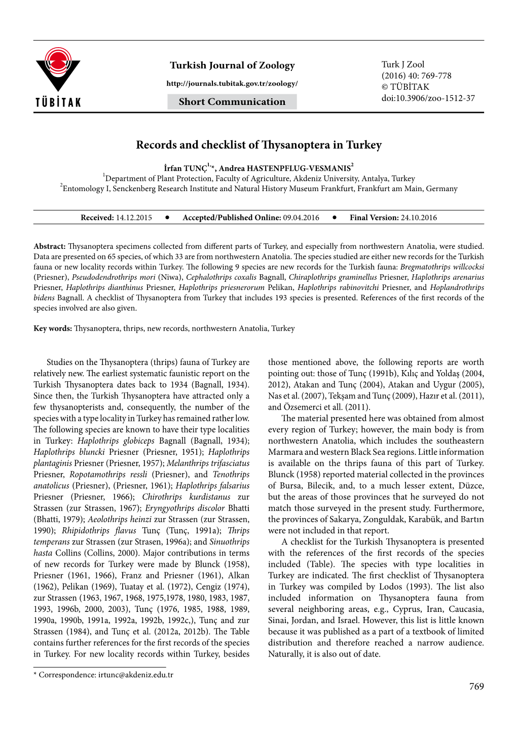 Records and Checklist of Thysanoptera in Turkey