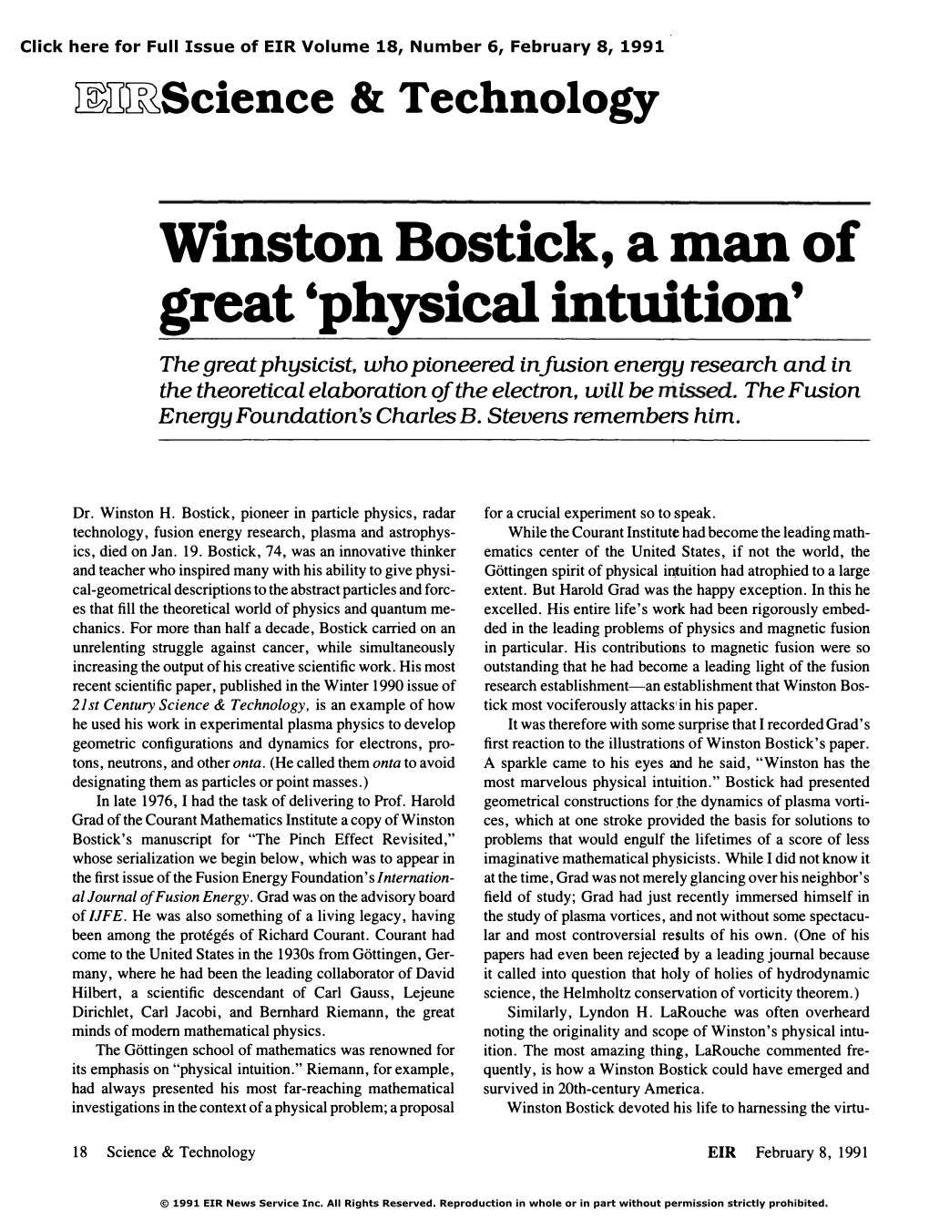 Winston Bostick, a Man of Great 'Physical Intuition'