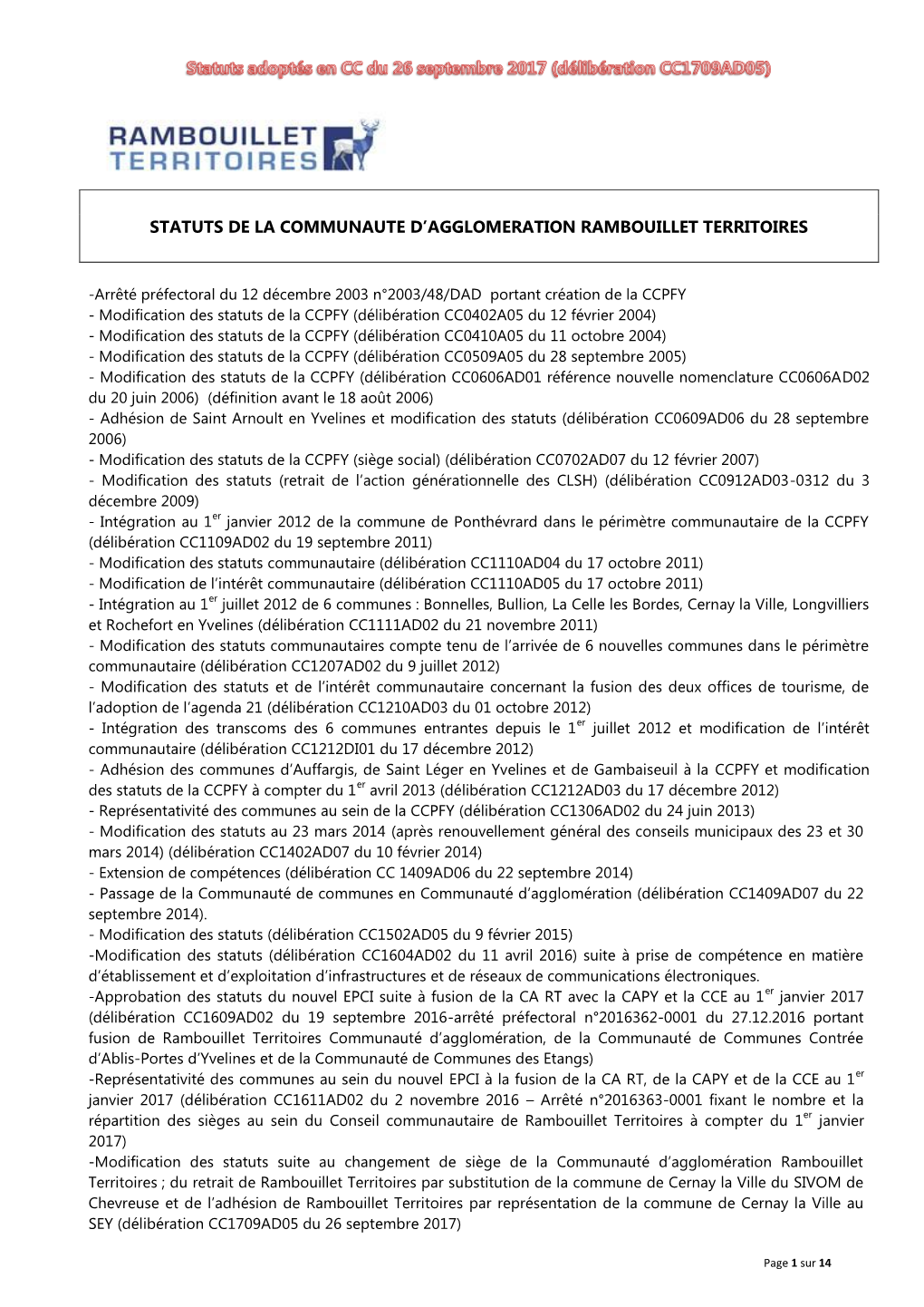 Statuts De La Communaute D'agglomeration