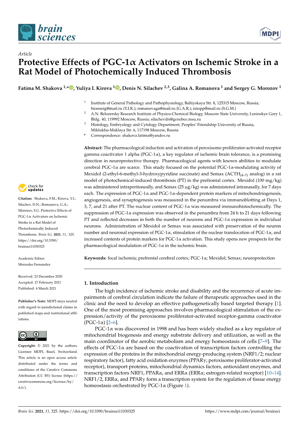 Protective Effects of PGC-1Α Activators on Ischemic Stroke in a Rat Model of Photochemically Induced Thrombosis