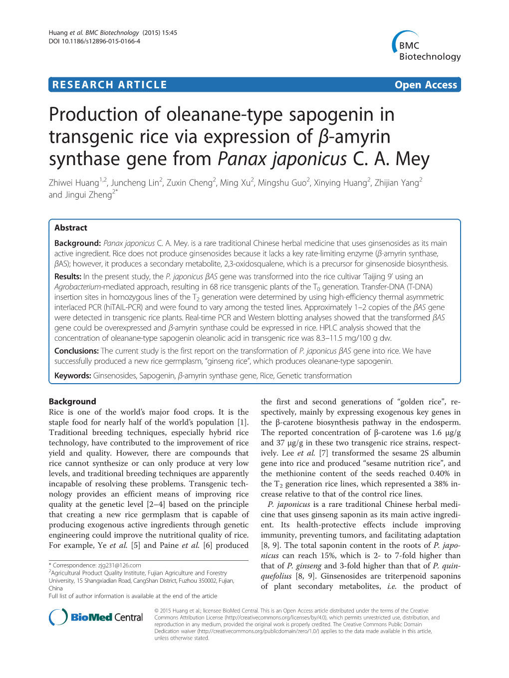 Production of Oleanane-Type Sapogenin in Transgenic Rice Via Expression of Β-Amyrin Synthase Gene from Panax Japonicus C