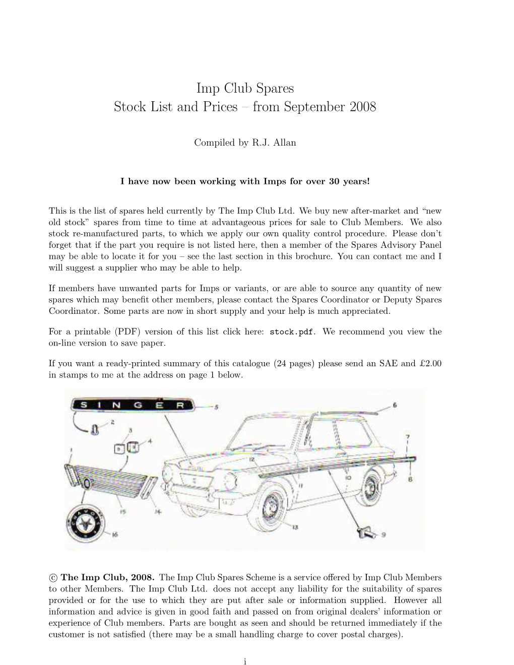 Imp Club Spares Stock List and Prices – from September 2008