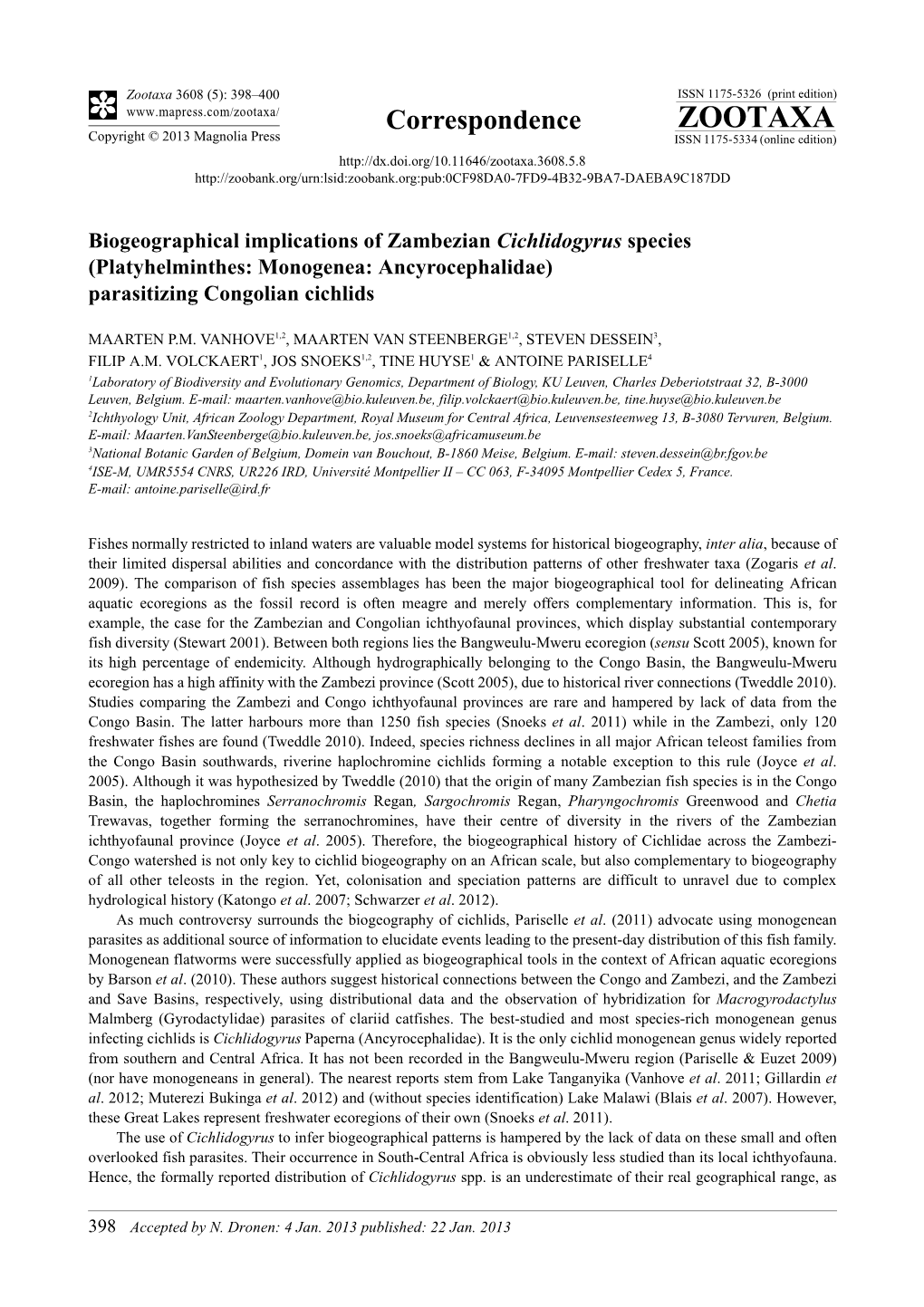 Platyhelminthes: Monogenea: Ancyrocephalidae) Parasitizing Congolian Cichlids