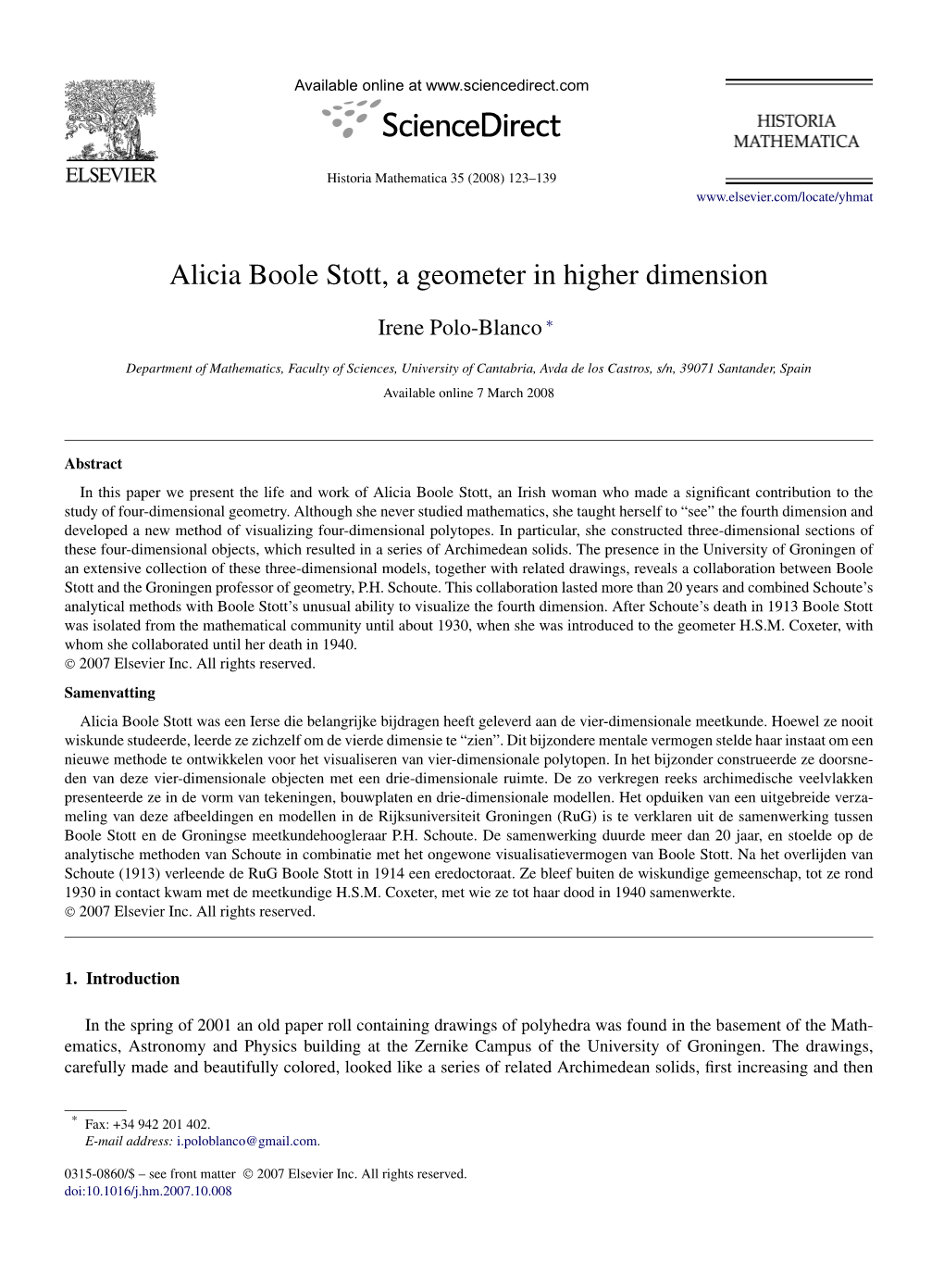 Alicia Boole Stott, a Geometer in Higher Dimension