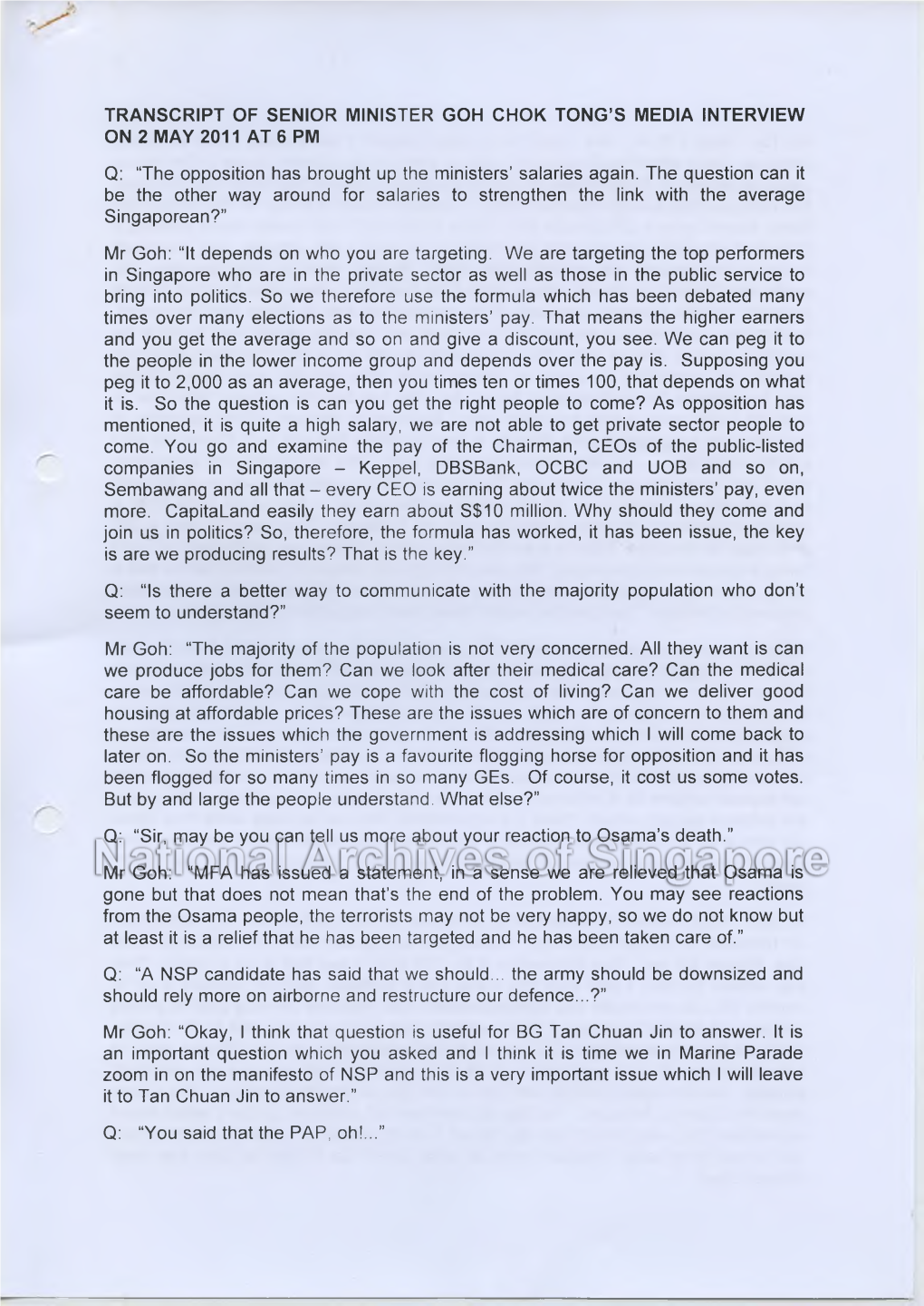 Transcript of Senior Minister Goh Chok Tong's Media