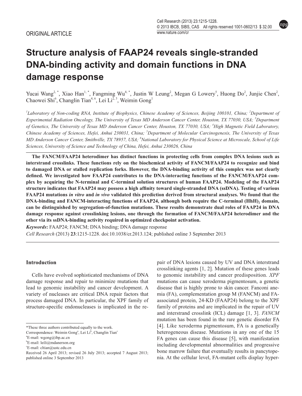 Structure Analysis of FAAP24 Reveals Single-Stranded DNA-Binding Activity and Domain Functions in DNA Damage Response