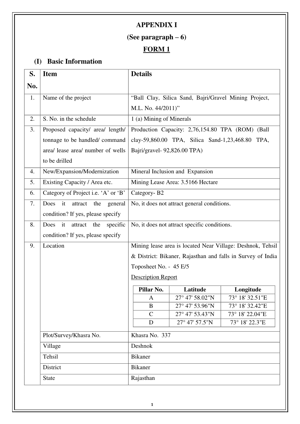 FORM 1 (I) Basic Information S